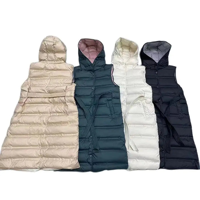 Anychic Puffer Vest Khaki Womens Sleeveless Winter Long Belted with Hood