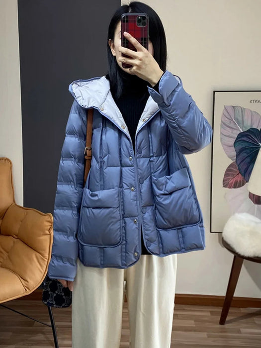 Anychic Puffer Jacket Beige Womens Single Breasted Stand Collar Down Hooded Winter Coat