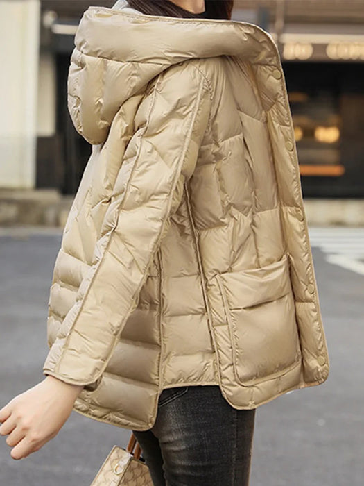 Anychic Puffer Jacket Beige Womens Single Breasted Stand Collar Down Hooded Winter Coat