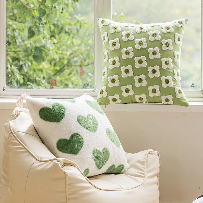 Anyhouz Pillowcase White With Green Heart Quilted Stitched Grid Plush Throw Cushion Cover