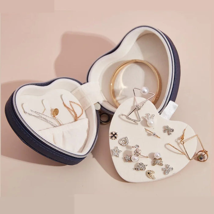 Anyhouz Jewelry Box Heart Shaped Compact Portable Travel Case Zipper Lock