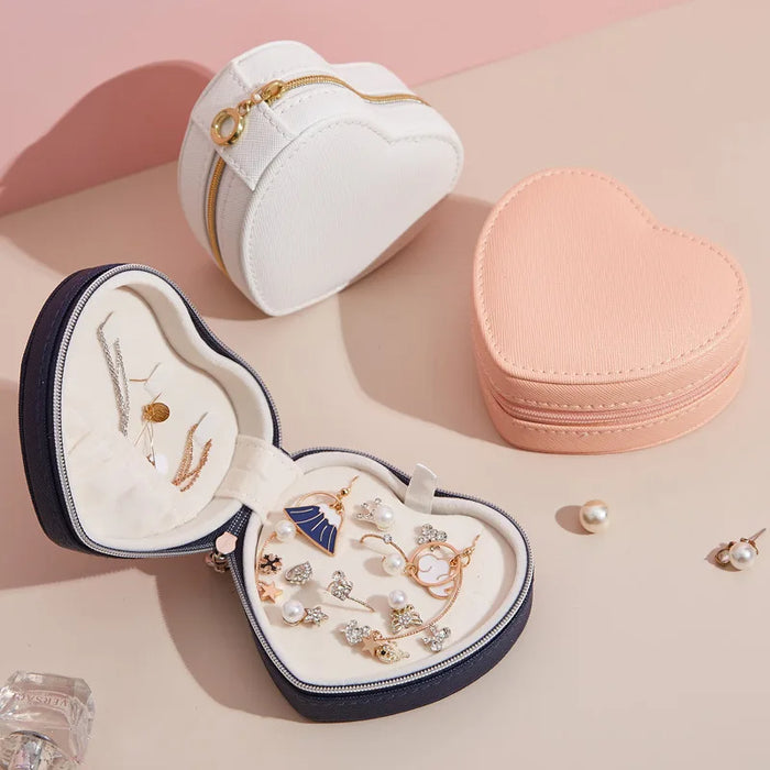 Anyhouz Jewelry Box Heart Shaped Compact Portable Travel Case Zipper Lock