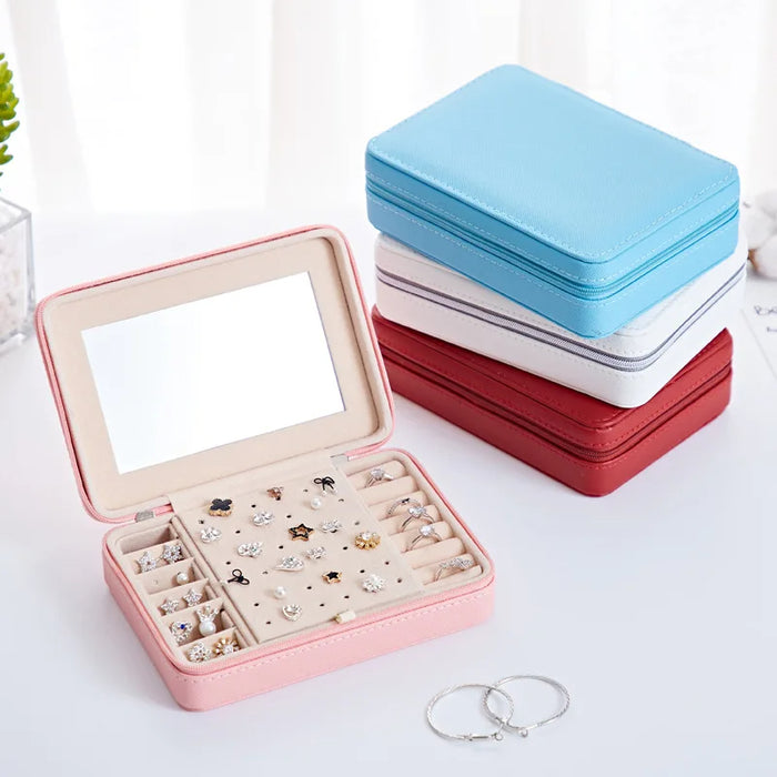 Anyhouz Jewelry Box Portable PU Leather Multifunctional Organizer Mirror Style