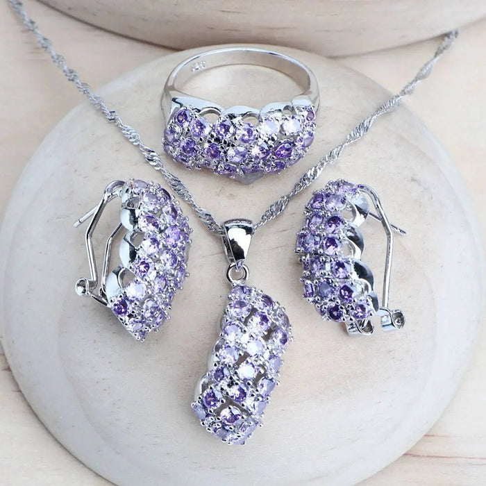 Anyco Jewelry Set 3Pcs Purple Oval Stone Zircon 925 Silver Ring Necklace And Earrings Women Fashion Accessories