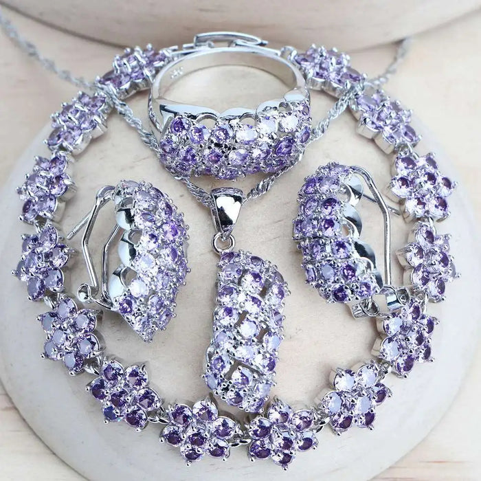 Anyco Jewelry Set 4Pcs Purple Oval Stone Zircon 925 Silver Ring Necklace Earrings And Floral Bracelet Women Fashion Accessories