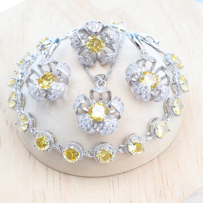 Anyco Jewelry Set 4Pcs Yellow Round Stone Zircon 925 Silver Floral Ring Necklace Bracelet And Earrings Women Fashion Accessories