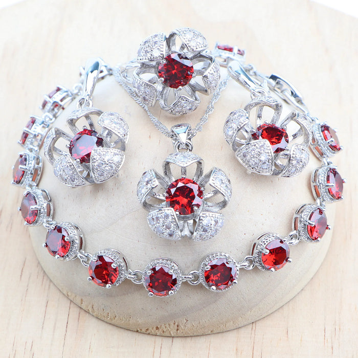 Anyco Jewelry Set 4Pcs Red Round Stone Zircon 925 Silver Floral Ring Necklace Bracelet And Earrings Women Fashion Accessories