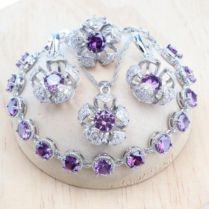 Anyco Jewelry Set 4Pcs Purple Round Stone Zircon 925 Silver Floral Ring Necklace Bracelet And Earrings Women Fashion Accessories