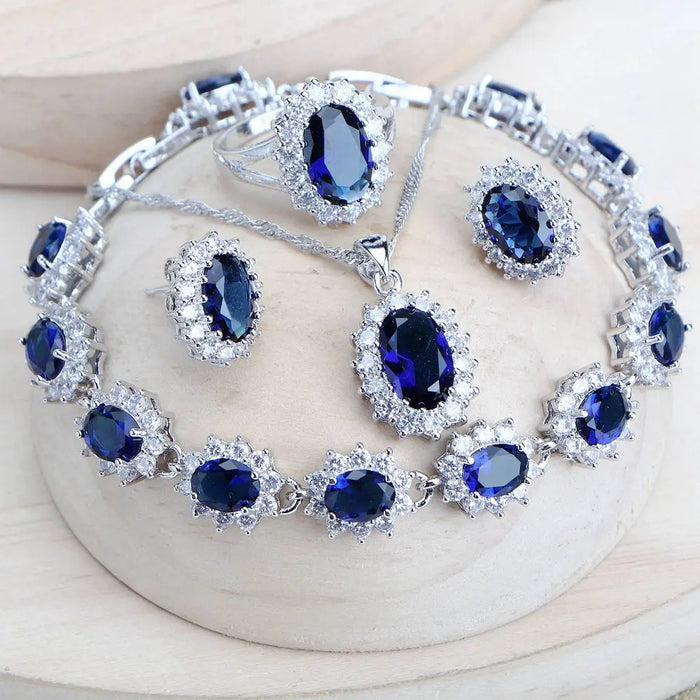 Anyco Jewelry Set 4Pcs Blue Halo Style Zircon 925 Silver Floral Ring Necklace Bracelet And Earrings Women Fashion Accessories