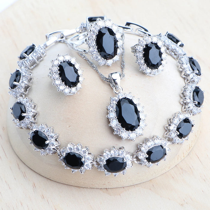 Anyco Jewelry Set 4Pcs Black Halo Style Zircon 925 Silver Floral Ring Necklace Bracelet And Earrings Women Fashion Accessories