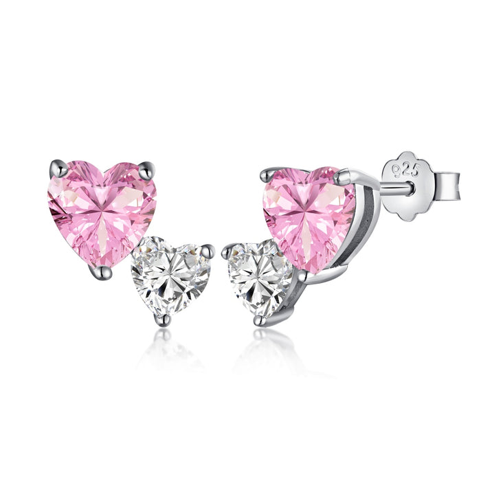 Anyco Earrings 925 Silver Pink Heart Shape Diamond Stud Style Zirconia Fashion Accessories