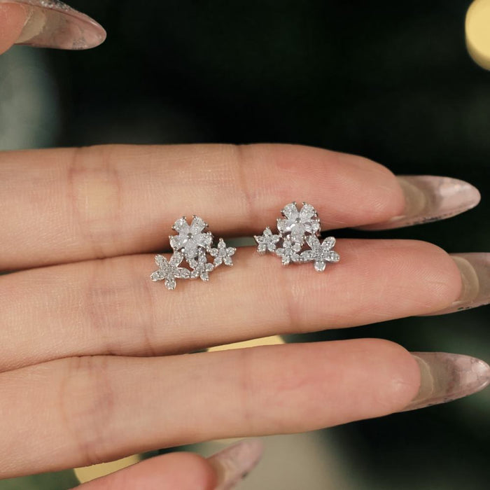 Anyco Earrings 925 Silver Blossom Cluster Ice Rhinestone Stud Stylish Fashion Accessories