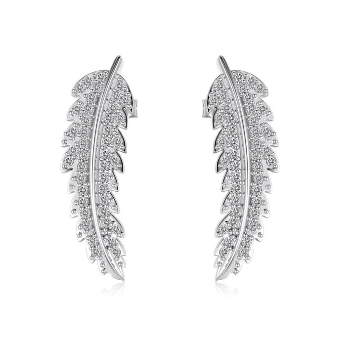 Anyco Earrings 925 Silver Feather Shiny Rhinstone Stud Stylish Accessories for Women