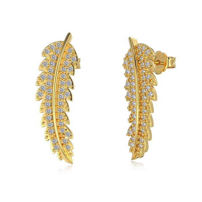 Anyco Earrings 925 Silver Feather Shiny Rhinstone Stud Stylish Accessories for Women