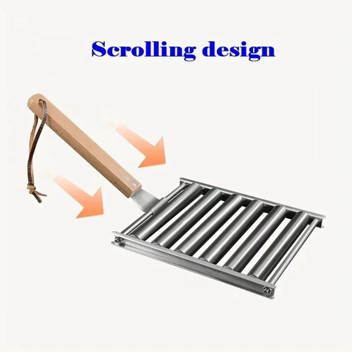 Anygleam Barbecue Grill Large Stainless Steel  Roller Rack With Wood Handle