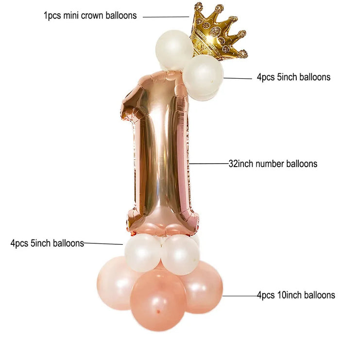 Anyparty Balloons Rose Gold 32inch Number 1 Set With Crown Party Decor