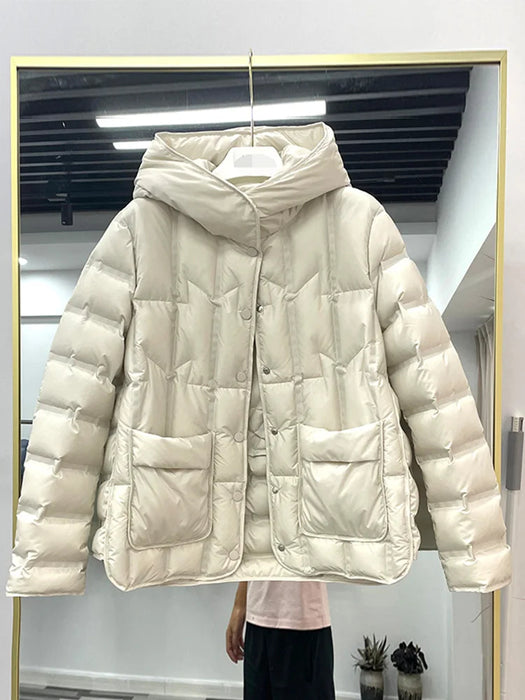 Anychic Puffer Jacket Beige Womens Single Breasted Stand Collar Down Hooded Winter Coat