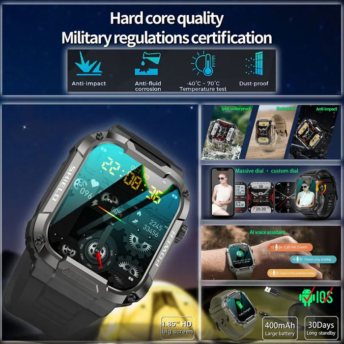 Anyco Smartwatch 3Pc Free Silica Gel Band Waterproof GPS Bluetooth Call Fitness Tracker Military Wristwatch