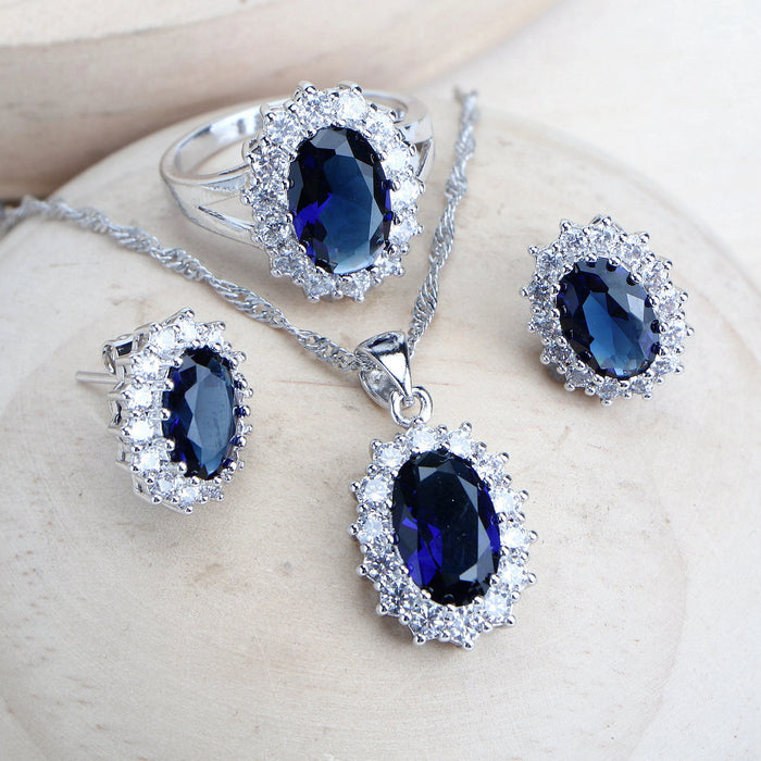 Anyco Jewelry Set 3Pcs Blue Halo Style Zircon 925 Silver Floral Ring Necklace And Earrings Women Fashion Accessories