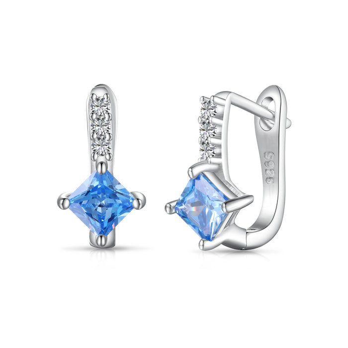 Anyco Earrings 925 Silver Blue Sparkle Square Diamond Hoop Zirconia Fashion Accessories