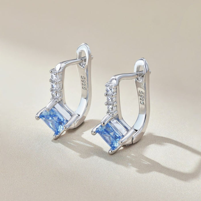 Anyco Earrings 925 Silver Blue Sparkle Square Diamond Hoop Zirconia Fashion Accessories