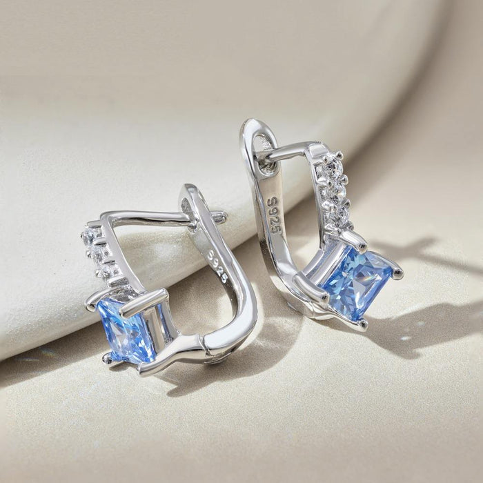 Anyco Earrings 925 Silver Blue Sparkle Square Diamond Hoop Zirconia Fashion Accessories