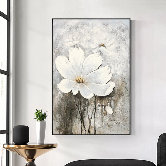 Anyhouz Canvas Art Hand Painted White Floral Reverie Abstract Artwork For Contemporary Spaces