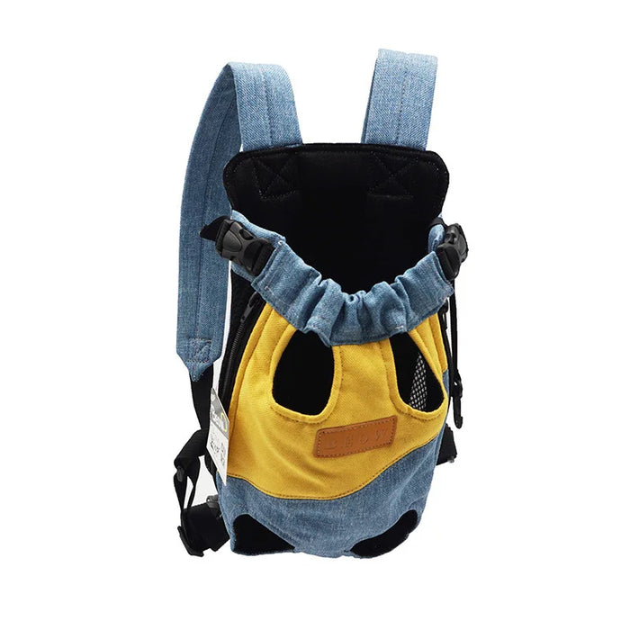 Anywags Pet Carrier Yellow Blue XXL Denim Breathable Travel Backpack for Large XXL Pets with Pockets for Carrying Supplies