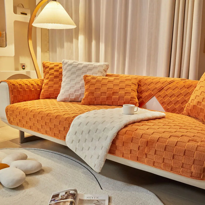 Anyhouz Sofa Towel Super Soft Orange Velvet Plush Non-slip Sectional Sofa Covers for Living Room Thick L-shape Couch Covers