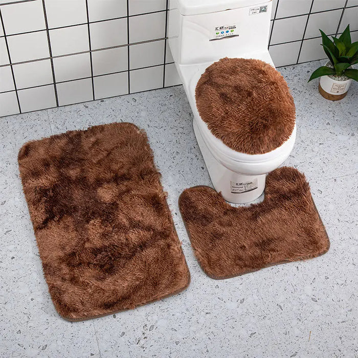 Anyhouz Bath Mat 3pc Coffee Brown Bathroom Silk Tie-Dye Toilet Soft Non Slip Rug Shower Carpets Toilet Lid Cover Floor Mats for Hallway