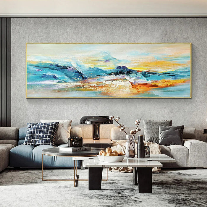 Anyhouz Canvas Art Hand Painted Blue And Gold Mountain Mirage Large Wall Artwork For Bedroom