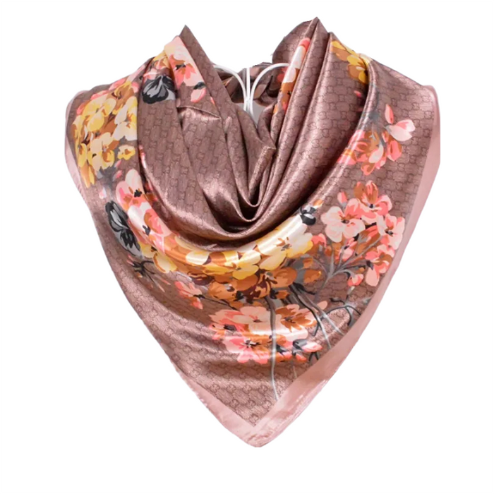 Anyyou Scarf for Women Floral Khaki Print Square Silk Shawl For Summer Spring And Fall