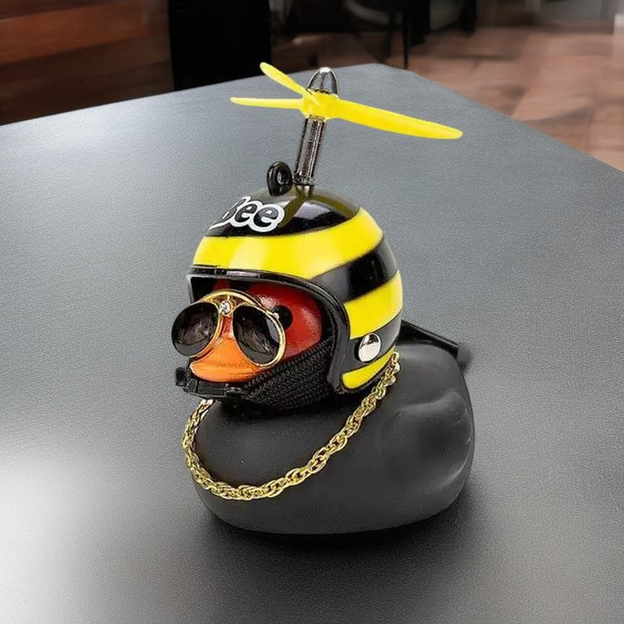 Anypack Car Ornaments Rubber Black Duck for Car Dashboard Decorations Cool Glasses Duck with Bee Propeller Helmet Gold Chain