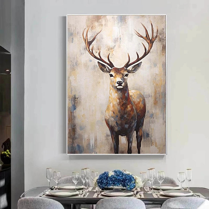 Anyhouz Canvas Art Hand Painted Golden Deer Antlered Majesty Minimalist Artwork For Interior Design