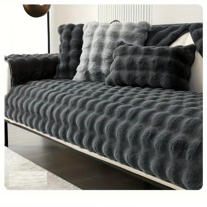 Anyhouz Sofa Towel Super Soft Rabbit Plush Dark Gray Thicken Bubble Velvet Non-slip Sectional Sofa Cover Non-slip L-shaped Couch Cover