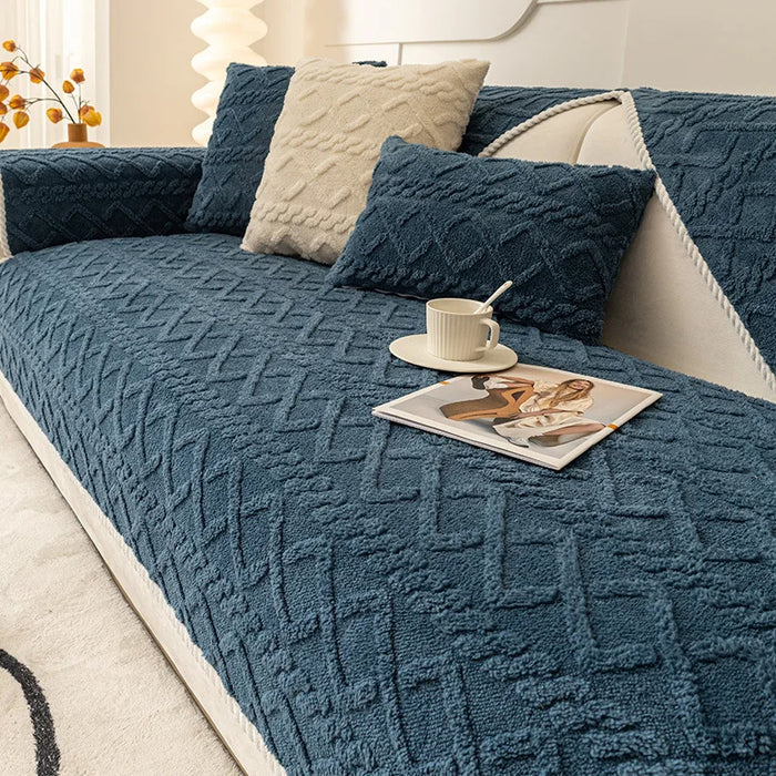 Anyhouz Sofa Towel Velvet Plush Quilted Blue Super Soft Non-slip Sectional Sofa Cover for Living Room L Shape Couch Cover