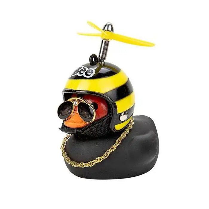 Anypack Car Ornaments Rubber Black Duck for Car Dashboard Decorations Cool Glasses Duck with Bee Propeller Helmet Gold Chain