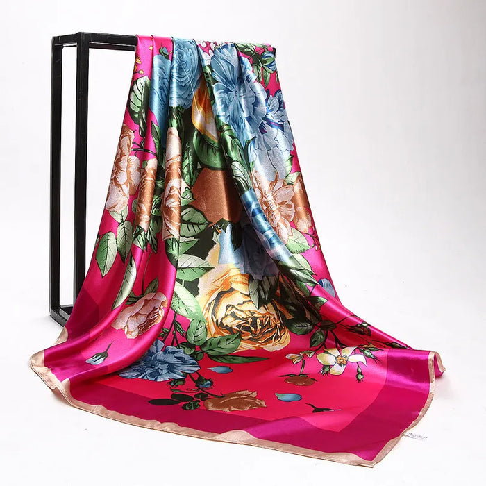 Anyyou Scarf for Women Peony Pink Printed Polyester Silk Big Square Silk Scarf 90*90cm Satin For Spring Summer Autumn Winter