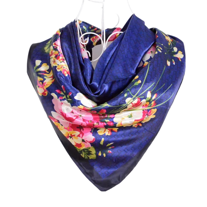 Anyyou Scarf for Women Floral Blue Print Square Silk Shawl For Summer Spring And Fall