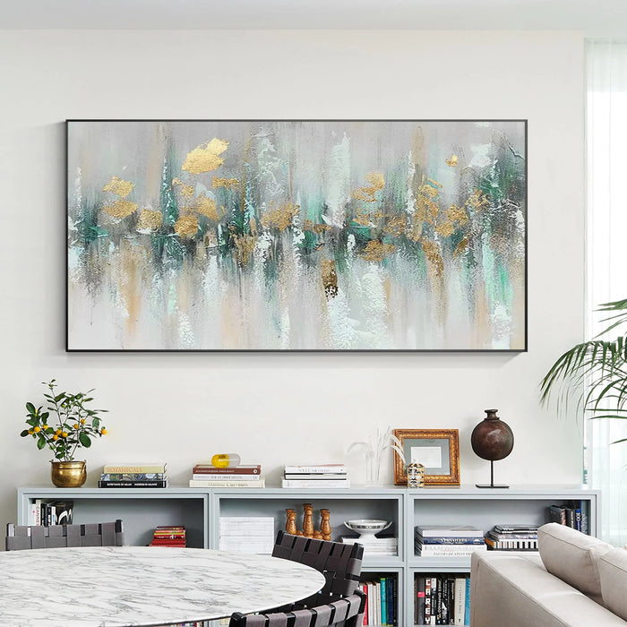 Anyhouz Canvas Art Hand Painted Teal Green Golden Serenade Unique Artwork For Interiors