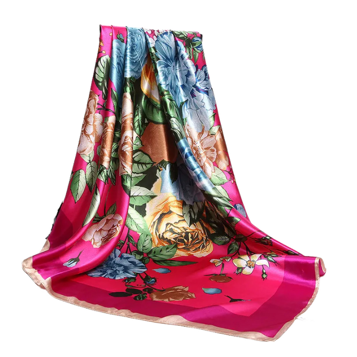 Anyyou Scarf for Women Peony Pink Printed Polyester Silk Big Square Silk Scarf 90*90cm Satin For Spring Summer Autumn Winter