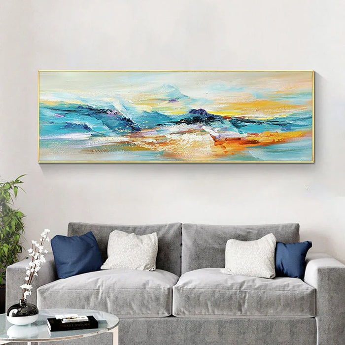 Anyhouz Canvas Art Hand Painted Blue And Gold Mountain Mirage Large Wall Artwork For Bedroom