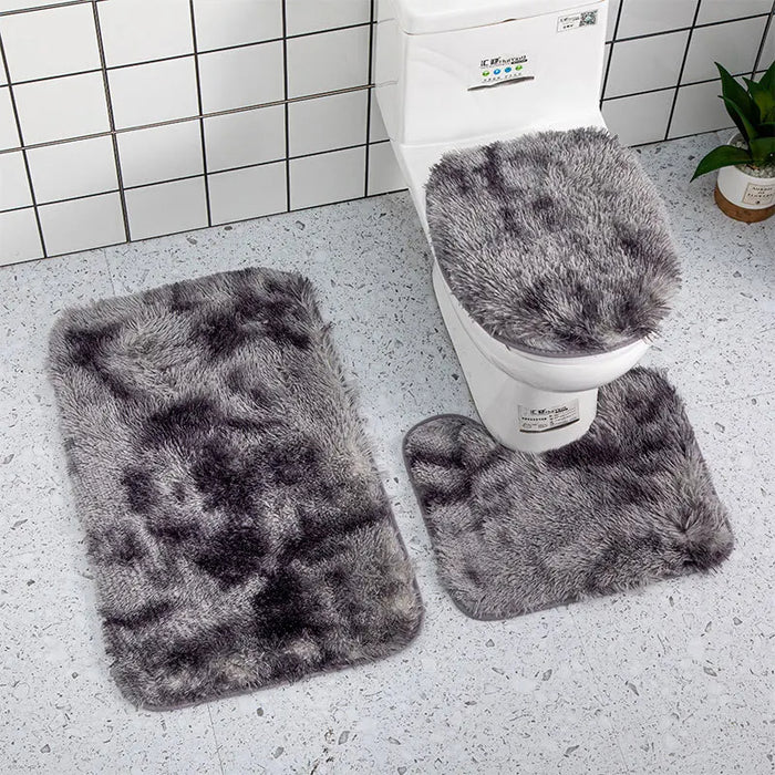 Anyhouz Bath Mat 3pc Grey Bathroom Silk Tie-Dye Toilet Soft Non Slip Rug Shower Carpets Toilet Lid Cover Floor Mats for Hallway