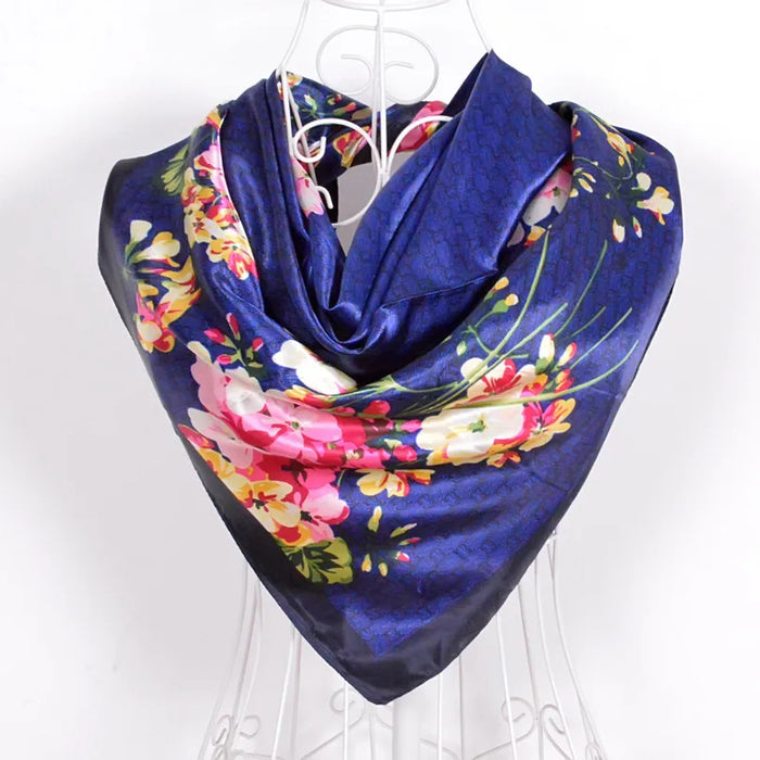 Anyyou Scarf for Women Floral Blue Print Square Silk Shawl For Summer Spring And Fall