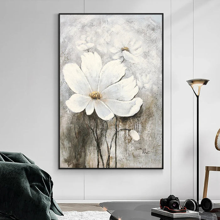 Anyhouz Canvas Art Hand Painted White Floral Reverie Abstract Artwork For Contemporary Spaces