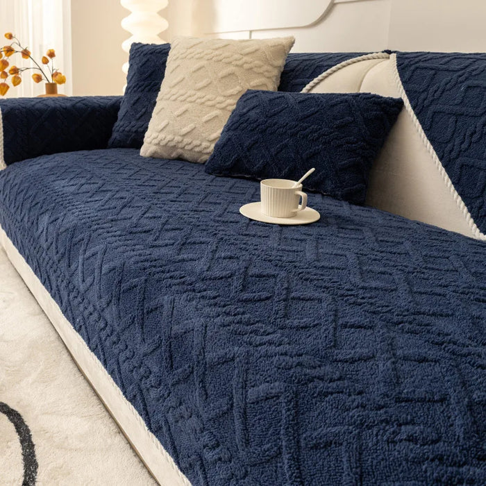 Anyhouz Sofa Towel Velvet Plush Quilted Navy Blue Super Soft Non-slip Sectional Sofa Cover for Living Room L Shape Couch Cover