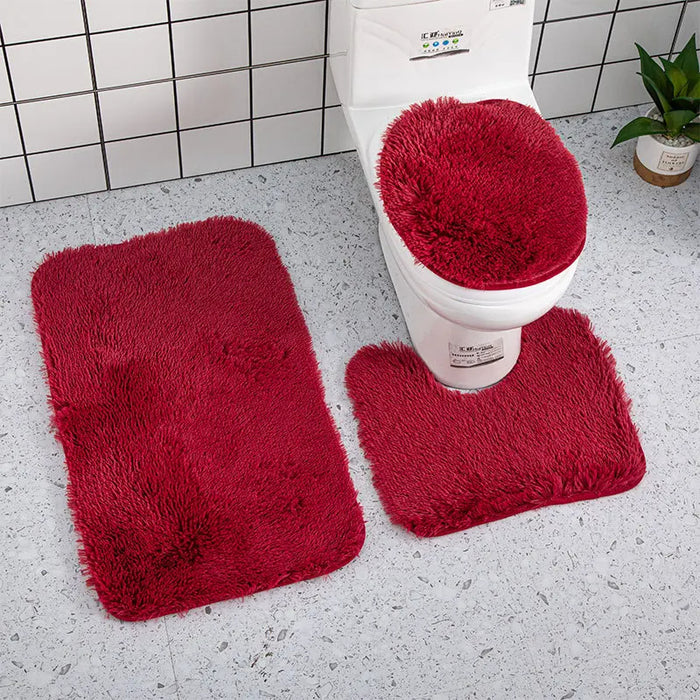 Anyhouz Bath Mat 3pc Burgundy Bathroom Silk Tie-Dye Toilet Soft Non Slip Rug Shower Carpets Toilet Lid Cover Floor Mats for Hallway