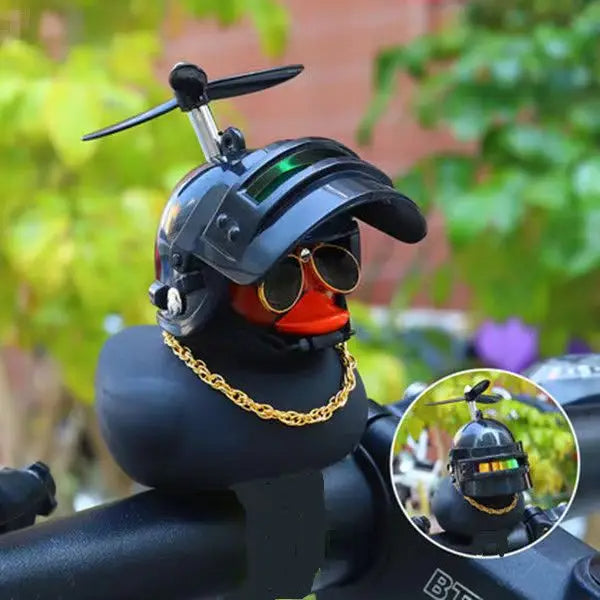 Anypack Car Ornaments Rubber Black Duck for Car Dashboard Decorations Cool Glasses Duck with Black Propeller Helmet Gold Chain