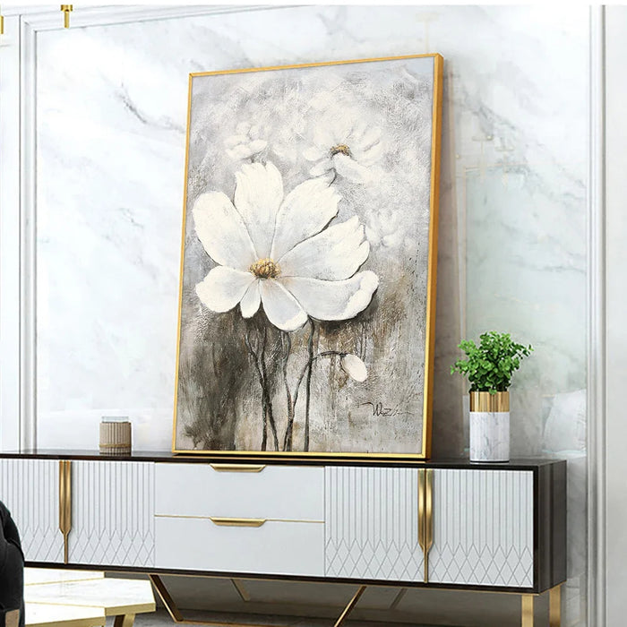 Anyhouz Canvas Art Hand Painted White Floral Reverie Abstract Artwork For Contemporary Spaces