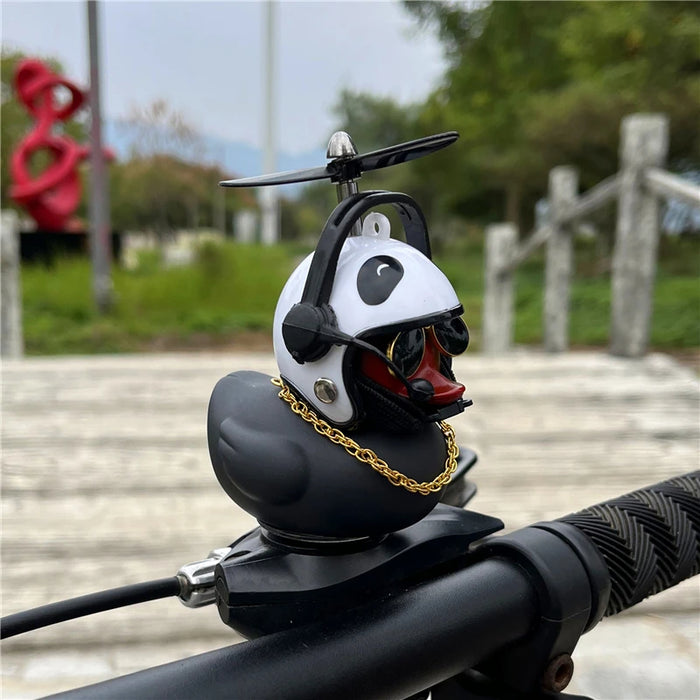 Anypack Car Ornaments Rubber Black Duck for Car Dashboard Decorations Cool Glasses Duck with Panda Propeller Helmet Gold Chain